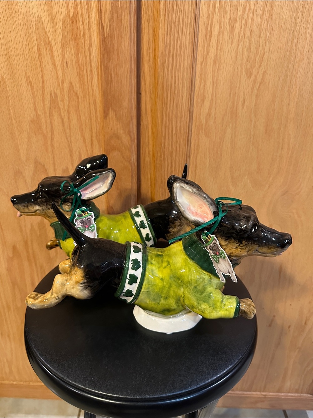 Ceramic Dachshund Figurine Pair in Green St. Patrick's Sweaters